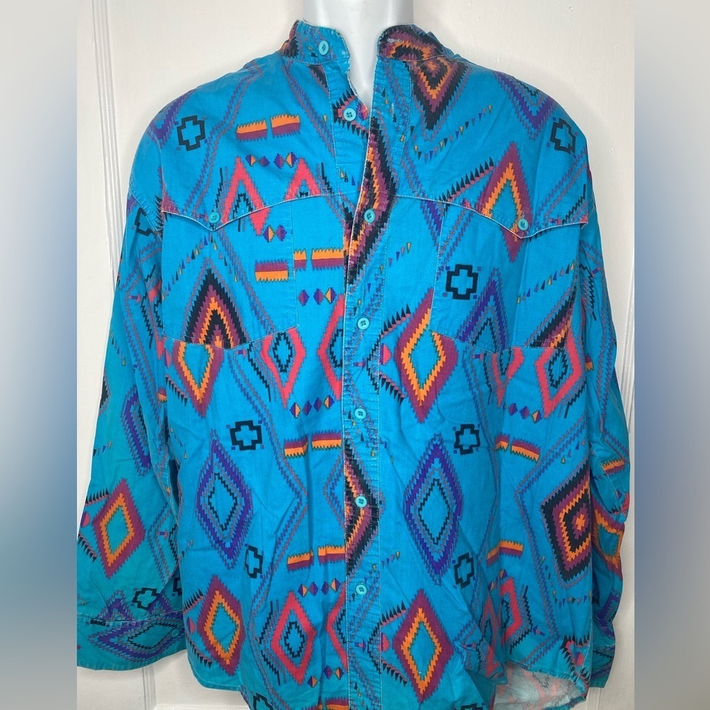 Vintage Western Large Wrangler Vibrant Blue Geometric Men's Shirt
